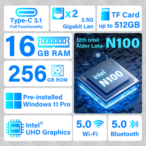 Higole F9B Pro Mini PC - Intel Celeron, N100, 16GB LPDDR4, 512GB ROM, Windows 11 Pro Low power consumption (15W TDP) Higole