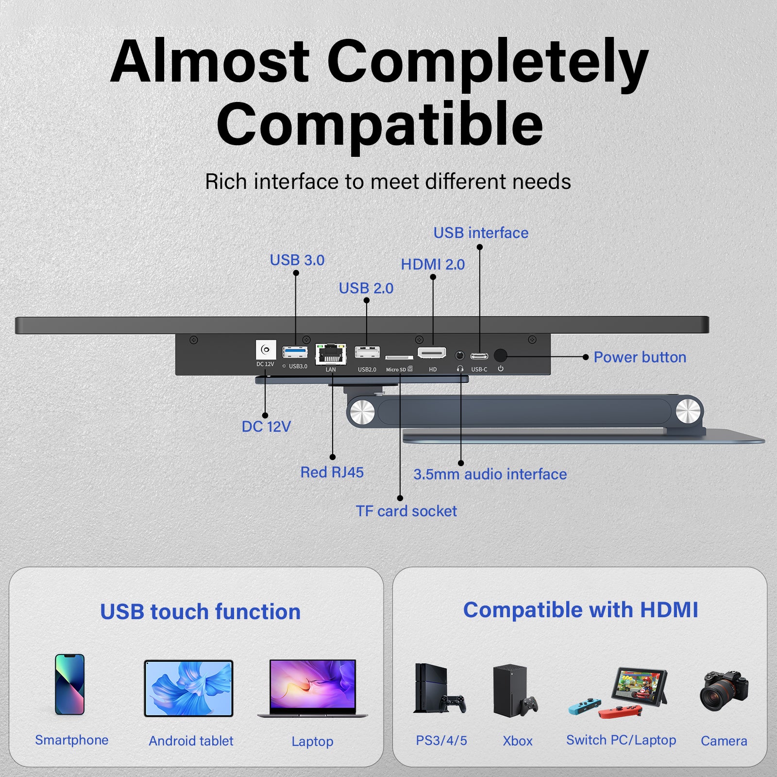 Higole F15R Industrial POS terminal all-in-one PC, DC12V power, USB3.0, USB2.0, RJ45, TF card, USB-C, 3.5mm audio port, used in café and retail.