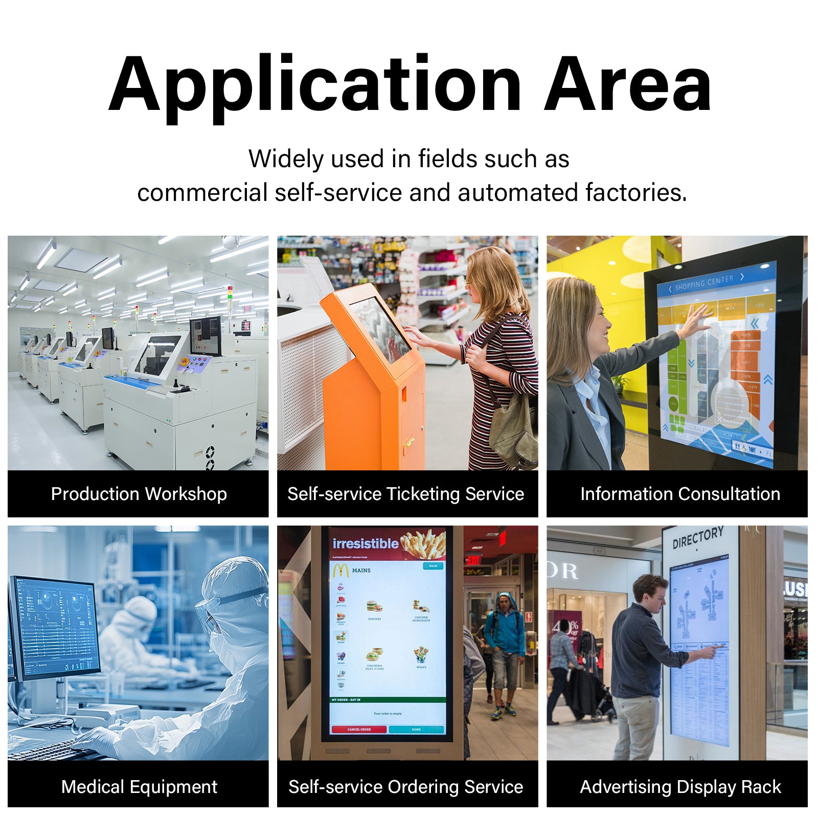 Higole F15R all-in-one POS terminal featured in diverse settings including retail, café, office, and logistics environments.