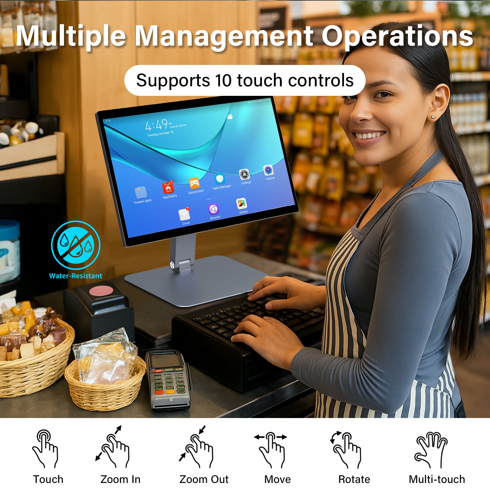 Higole F15R POS terminal all-in-one PC supporting 10-point multitouch, ideal for retail checkout and restaurant ordering.