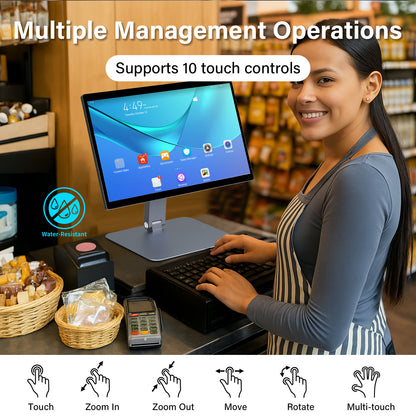 Higole F15R POS terminal all-in-one PC supporting 10-point multitouch, ideal for retail checkout and restaurant ordering.