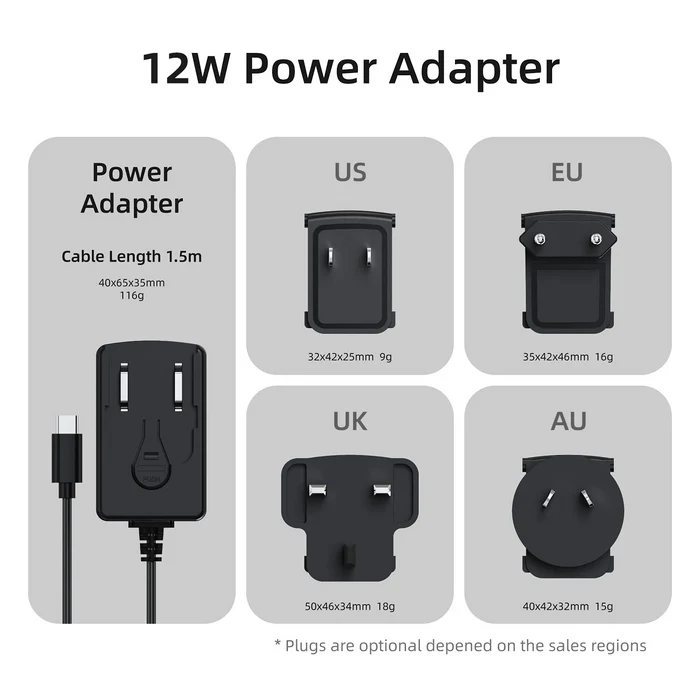 Industrial-grade power adapter for Higole all-in-one devices, 12V 2A charger, white background, front display for US, AU, EU, UK markets.