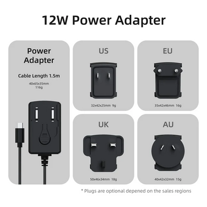 Industrial-grade power adapter for Higole all-in-one devices, 12V 2A charger, white background, front display for US, AU, EU, UK markets.