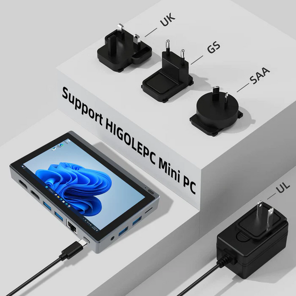 Higole POS terminal, Mini PC, and rugged tablet 12V 2A charger, front view on white background, suitable for cafés, offices, and retail in US, AU, EU, UK.