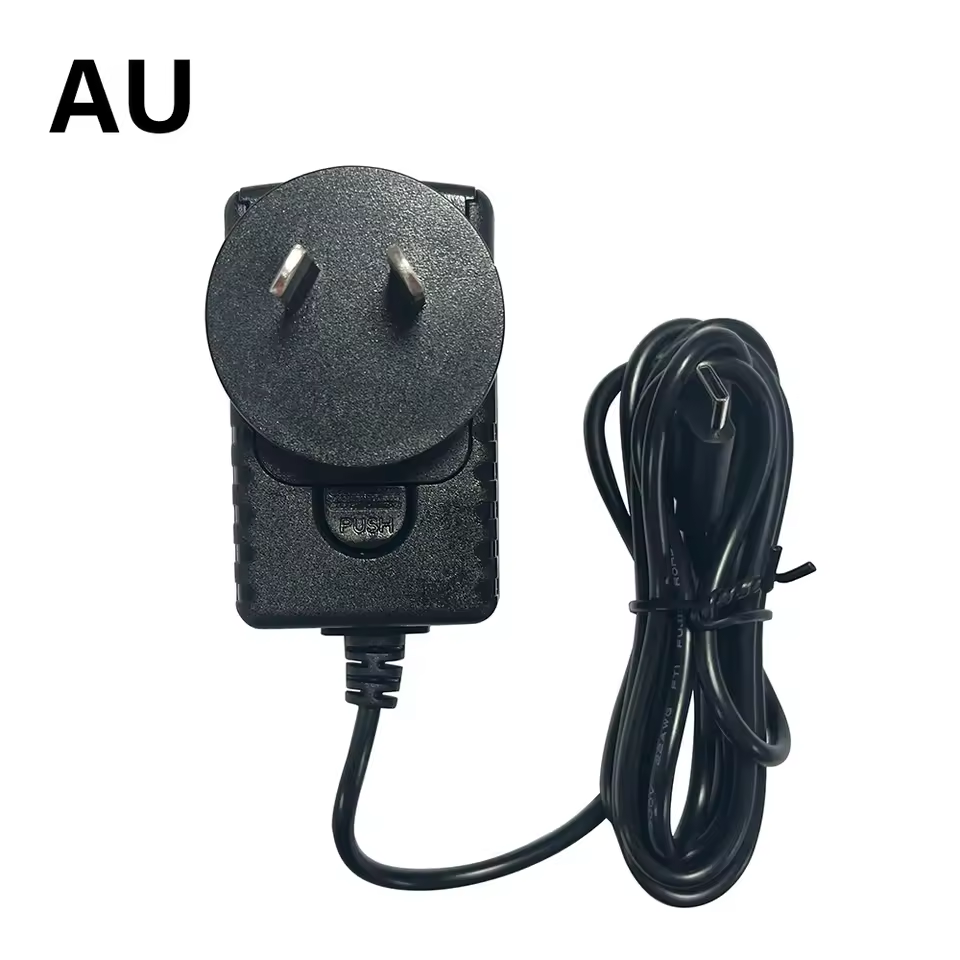 Front-facing 12V 2A power adapter for Higole POS terminal, Mini PC, and rugged tablet on white background, industrial PC accessory for AU.