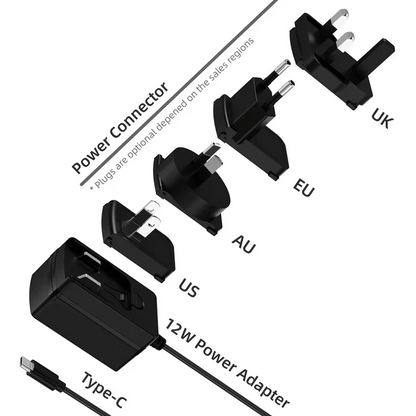 Front view of Higole 12V 2A power adapter, compatible with POS terminal, Mini PC, rugged tablet, white background, suitable for US, AU, EU, UK.