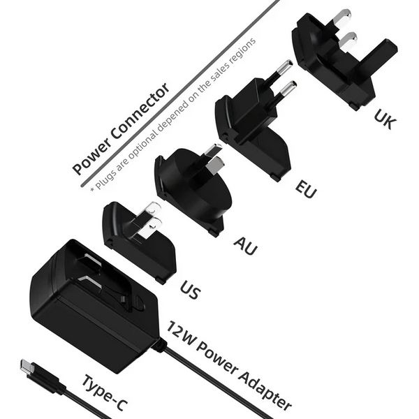 Front view of Higole 12V 2A power adapter, compatible with POS terminal, Mini PC, rugged tablet, white background, suitable for US, AU, EU, UK.
