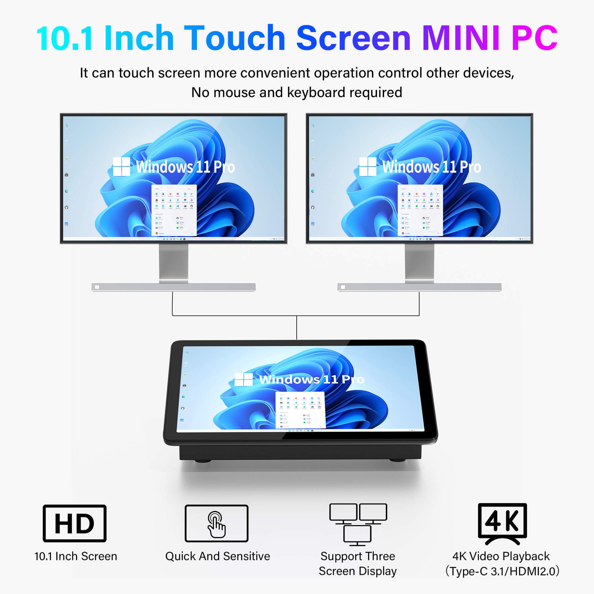 Industrial Higole F10 POS terminal, 10.1-inch slanted touchscreen, 4K video and three-screen display, front view in office and warehouse environments.