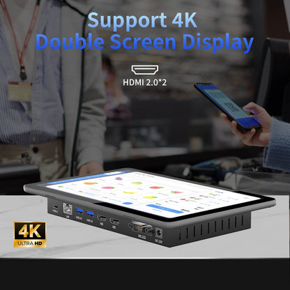 Higole F10 Flat-surface pos terminal,Industrial PC and MiniPC with dual HDMI 2.0, 4K support, perfect for multi-screen POS setups.