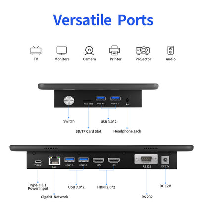 Higole F10 Flat-surface POS terminal,Rugged all-in-one POS terminal featuring USB 3.0*4 ports, TF/SD card reader, HDMI 2.0*2 output, RS232 interface, 1000Mbps Ethernet, 3.5mm audio, and volume control.