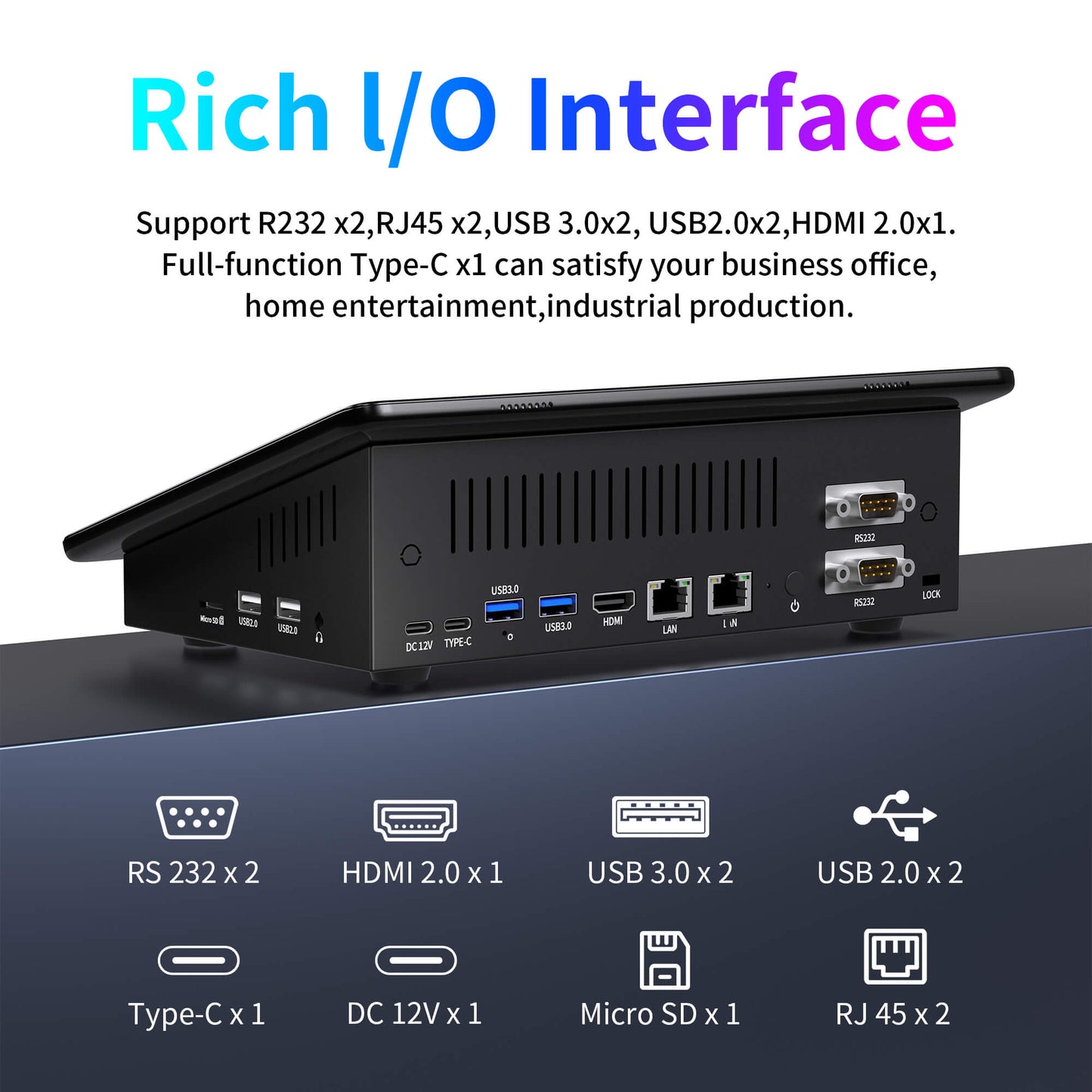 Higole F10 industrial POS terminal, RS232 x2, HDMI 2.0 x1, USB3.0 x2, USB2.0 x2, Type-C x1, SD card, RJ45 x2, front-facing product image in business and retail scenarios.