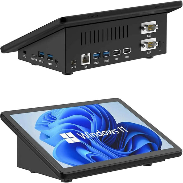 Higole F10m pos terminal Dual-sided display featuring four USB ports, one LAN port, one SD card slot, one DC12V port, one power connector, two HDMI ports, two RS232 ports, and one headphone jack. Suitable for business office and industrial applications.