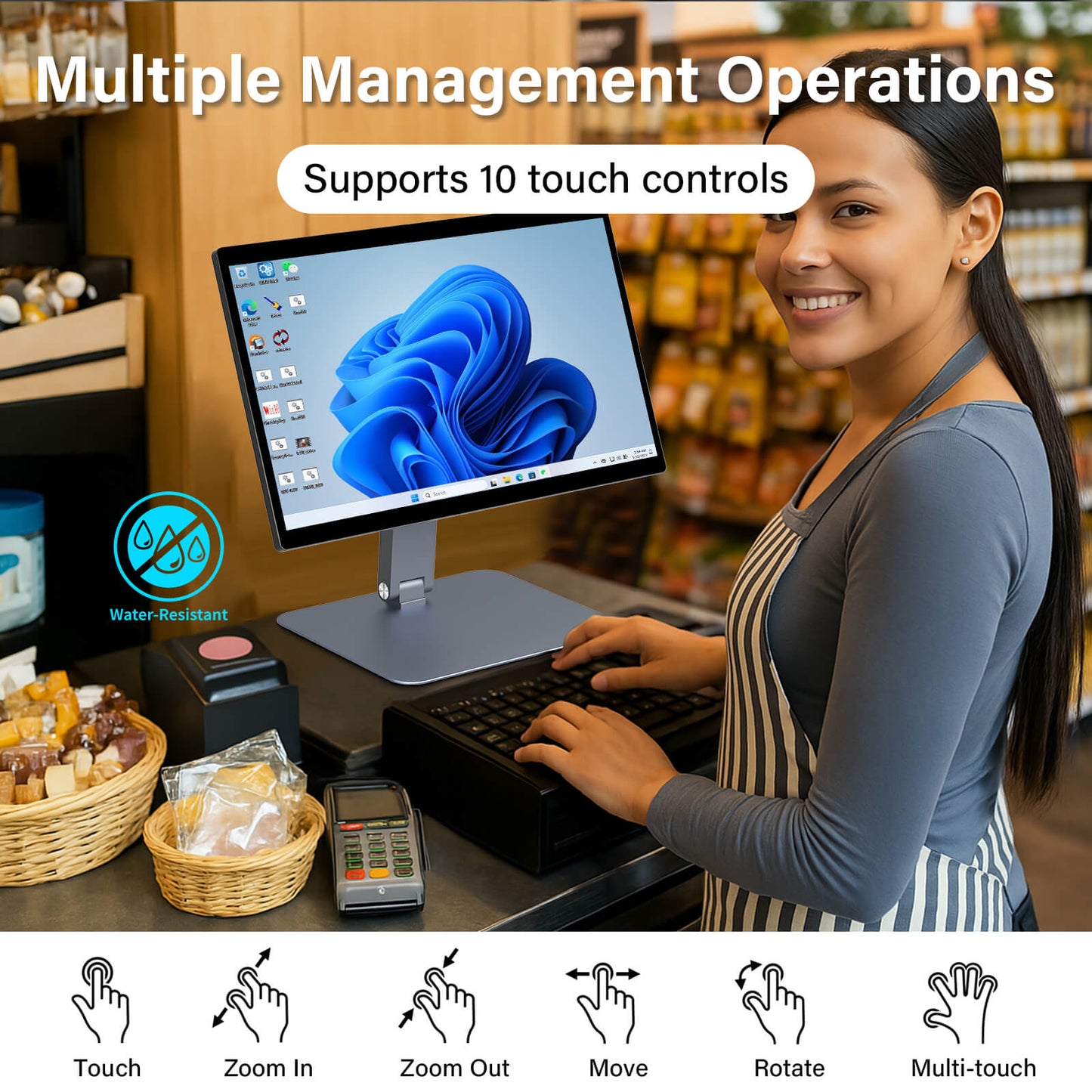 Higole F15 POS terminal supports 10 touch controls,The ultimate industrial all-in-one PC, serving as the ideal POS terminal for retail, business, and similar applications.