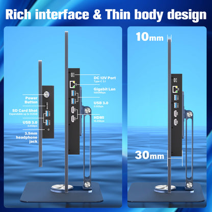 Higole F15 POS terminal rich interface &  Thin body design,Features one RJ45 Ethernet port, one USB 3.0 port, one SD card slot, one USB Type-C 3.1 port, one 3.5mm headphone jack, and two HDMI ports. Its slim profile suits industrial and POS applications.
