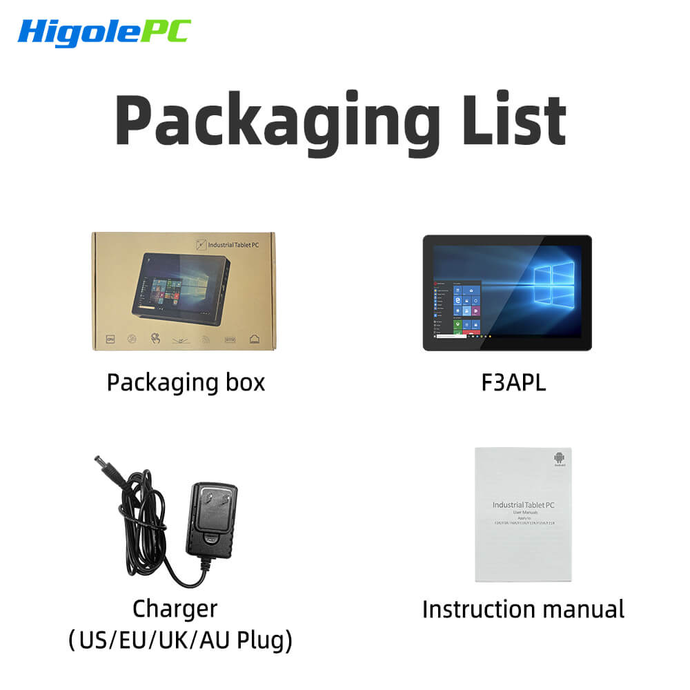 Higole F3APL Industrial all-in-one POS terminal F3APL bundle, including power adapter and manual, retail checkout solution.