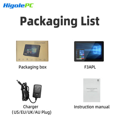 Higole F3APL Industrial all-in-one POS terminal F3APL bundle, including power adapter and manual, retail checkout solution.