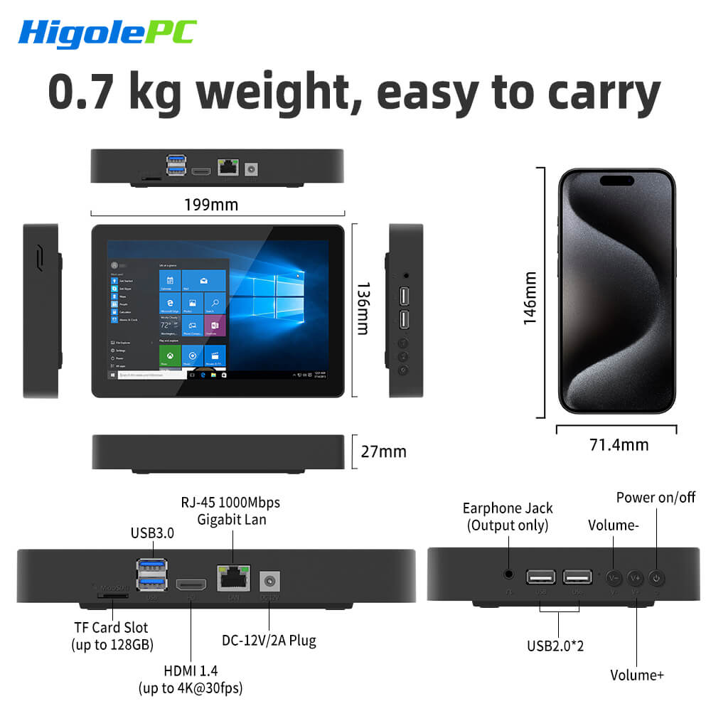HIGOLE F3APL POS terminal compact all-in-one PC with TF card slot, dual USB3.0, dual USB2.0, HDMI 1.4, RJ45 Gigabit Ethernet, headphone jack, volume key, 199x136x27mm.