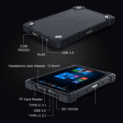 Higole F9A rugged tablet Features one RJ45 Ethernet port, one USB 3.0 port, one TF card slot, one DC 12V/3A port, one SIM 4G LTE slot, two USB Type-C 3.2 ports, one headphone jack, and one RS232 port. Suitable for industrial and basic office requirements.