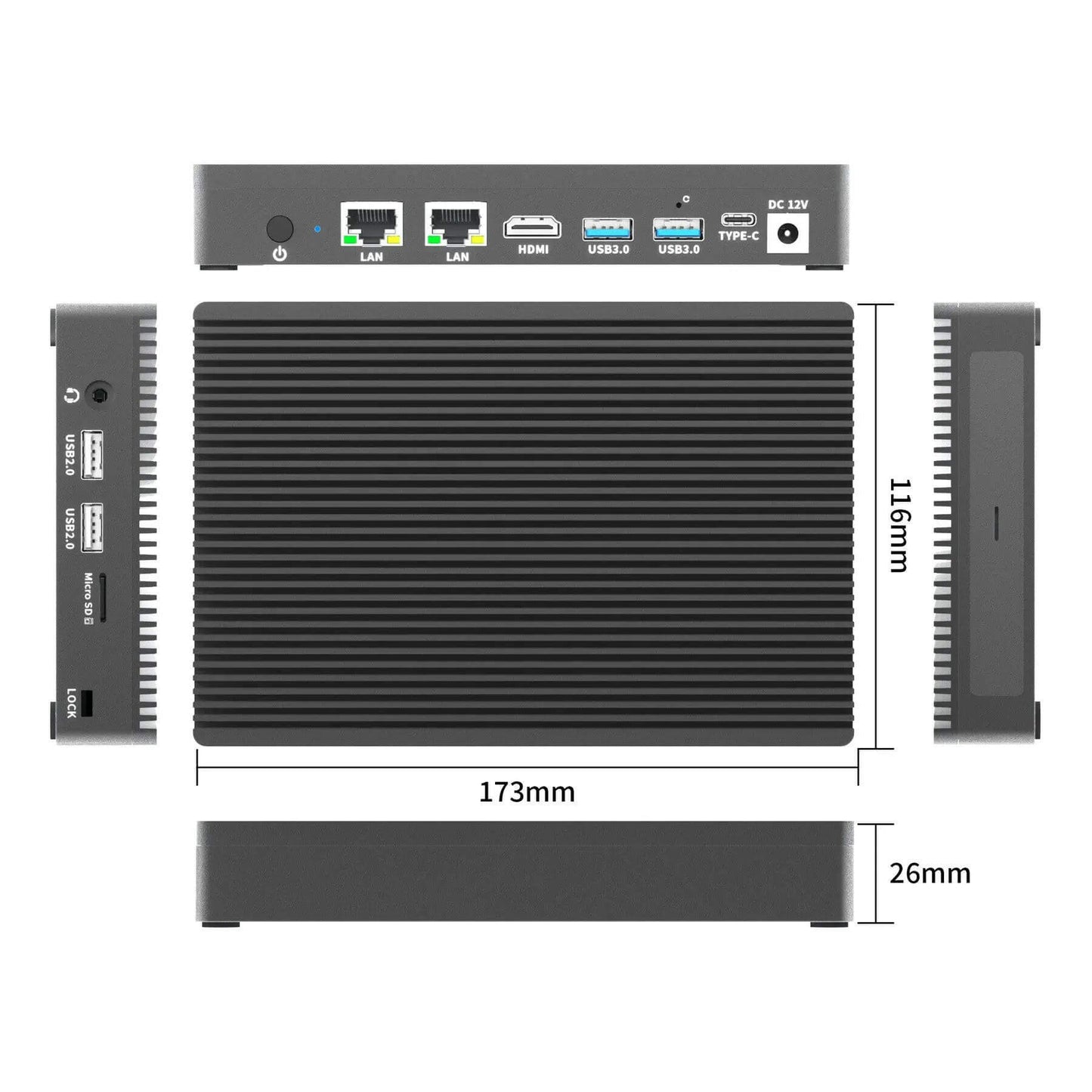 Higole F9B screenless minipc Dimensions: 116mm x 173mm x 26mm. Compact and flexible, it's extremely portable, suitable for industrial and mobile office needs.