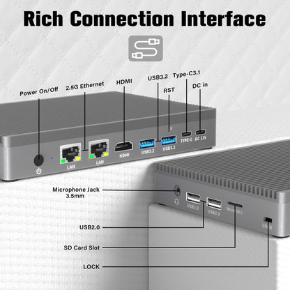 Higole F9B minipc Rich Connection nterface,Equipped with two 2.5G Ethernet ports, two USB 3.2 ports, two USB 2.0 ports, one HDMI port, one SD card slot, one DC 12V port, one USB Type-C 3.1 port, and one headphone jack. Suitable for industrial and basic office applications.