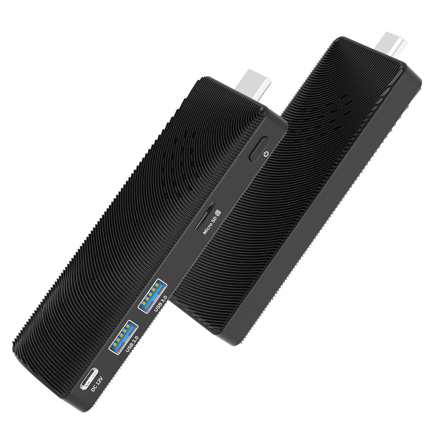 Higole D5 minipc stick Front and back views show two USB ports, one SD card slot, one DC 12V port, one power port, and one HDMI port.